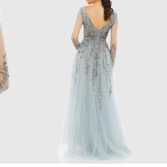 NWT Mac duggal Blue Embellished V Neck Long Sleeve A Line Gown style 20295 - Picture 8 of 10